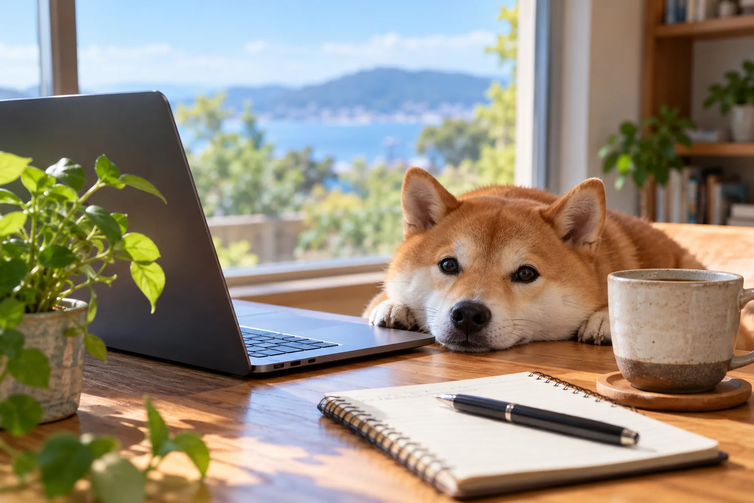 ノートパソコンとノートが置かれた机でくつろぐ柴犬