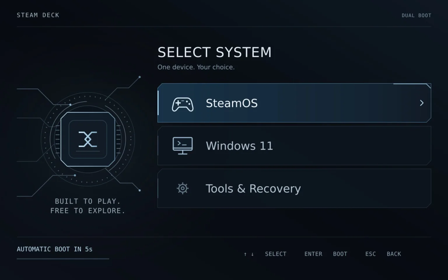 黒とアイスブルーの回路デザインで、SteamOSとWindowsを選べるIce Circuitの起動メニューのデザインプレビュー