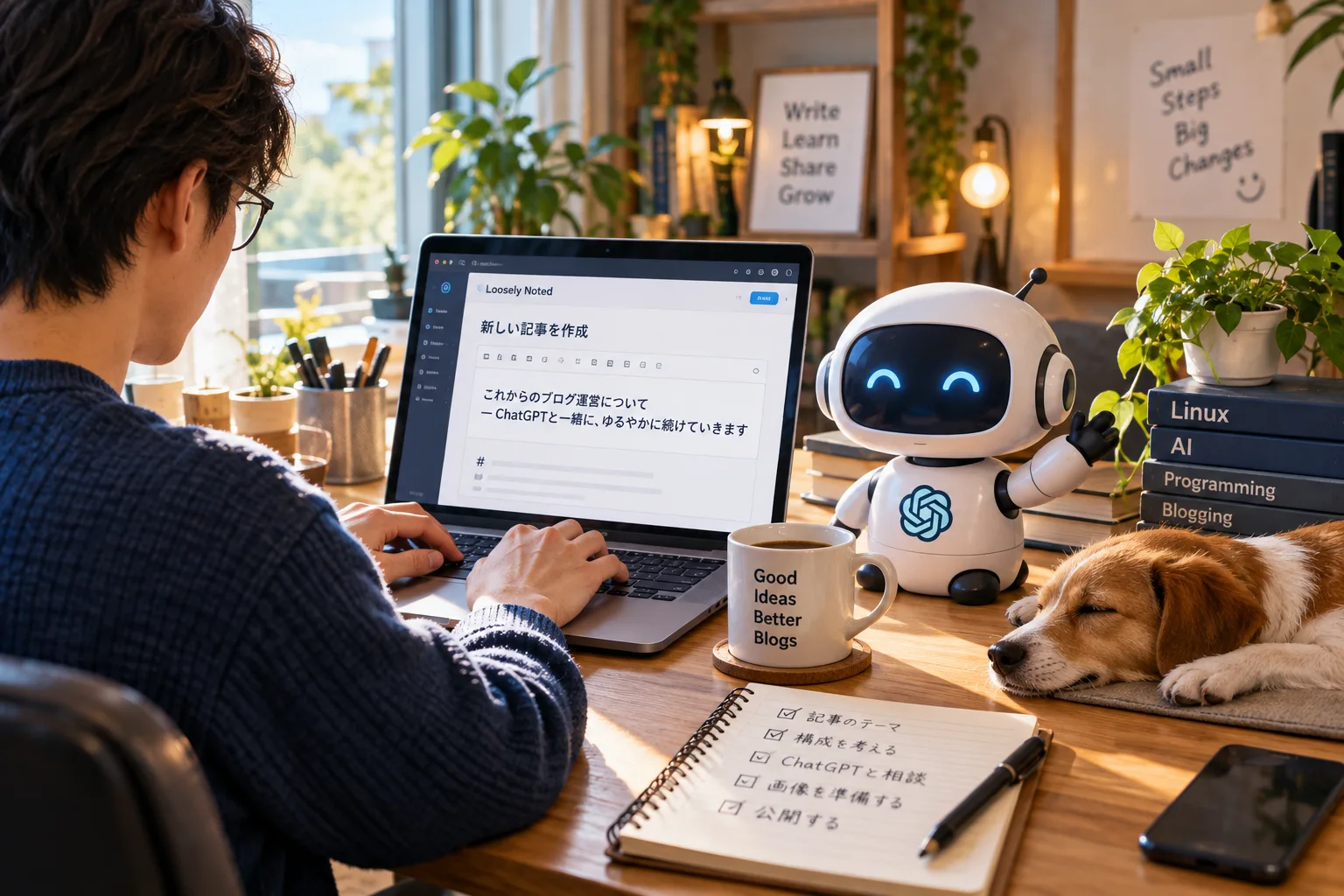 ChatGPTと協力してブログ記事を作成する、明るい作業机のイメージ