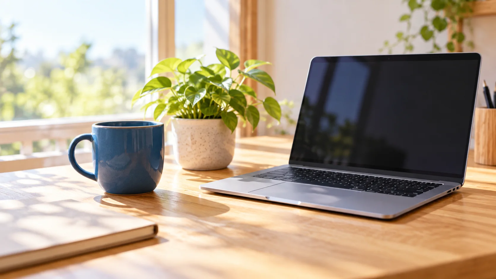 明るい木製デスクに置かれた青いマグカップ、開いたノートPC、小さな観葉植物